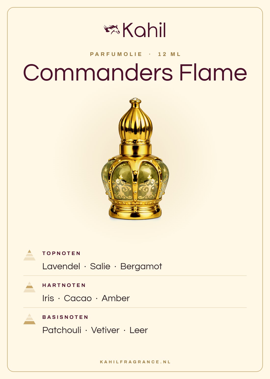 Fragrance notes of Kahil Commanders Flame perfume oil 12 ml: top notes lavender, sage, bergamot; heart notes iris, cacao, amber; base notes patchouli, vetiver, leather