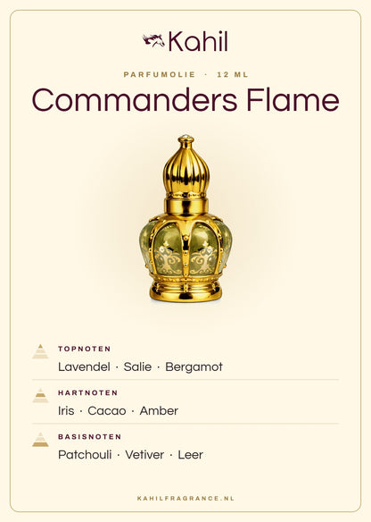 Fragrance notes of Kahil Commanders Flame perfume oil 12 ml: top notes lavender, sage, bergamot; heart notes iris, cacao, amber; base notes patchouli, vetiver, leather