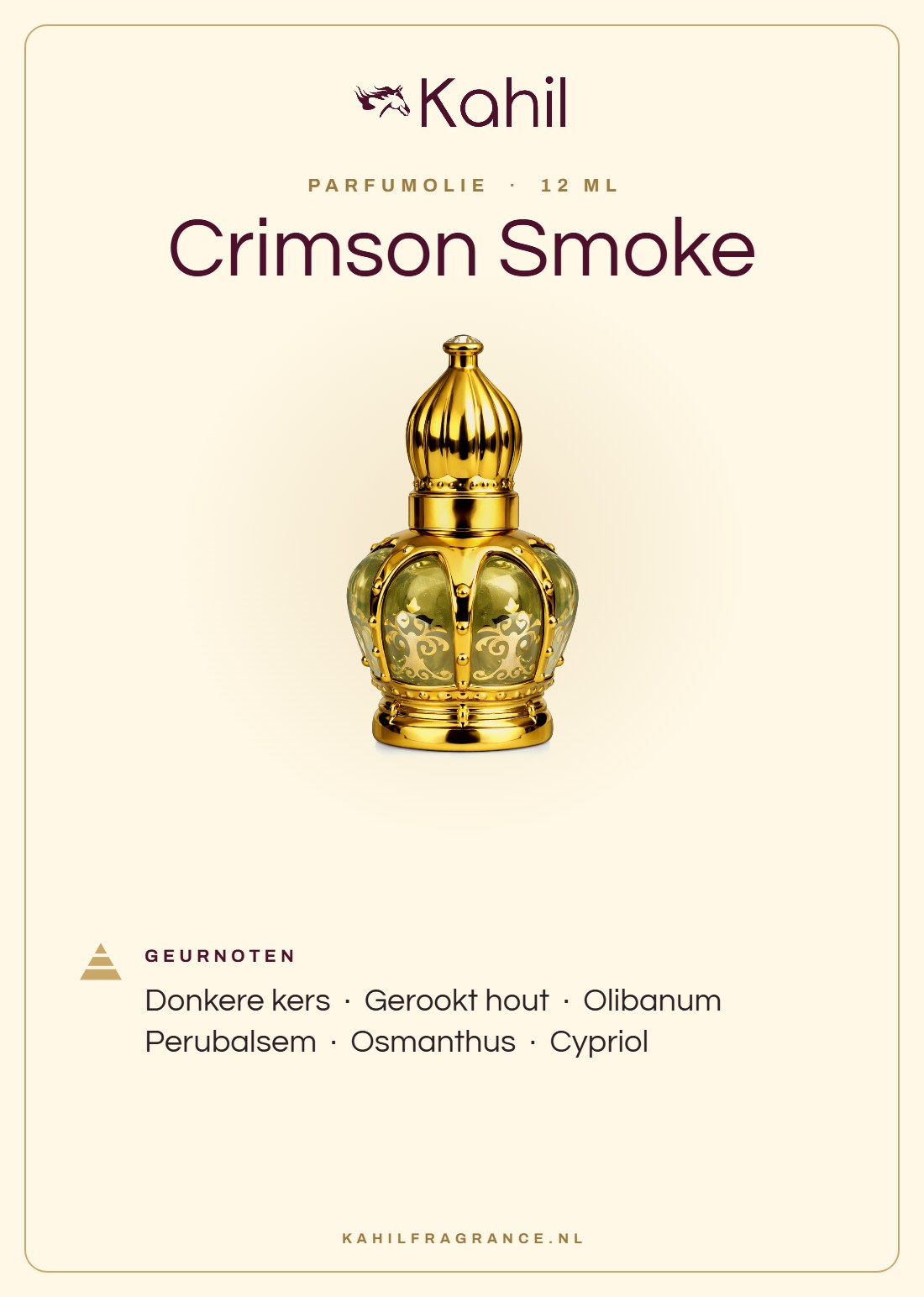 Duftnoten von Kahil Crimson Smoke Parfümöl 12 ml: Dunkle Kirsche, Rauchiges Holz, Olibanum, Perubalsam, Osmanthus, Cypriol