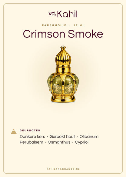 Duftnoten von Kahil Crimson Smoke Parfümöl 12 ml: Dunkle Kirsche, Rauchiges Holz, Olibanum, Perubalsam, Osmanthus, Cypriol