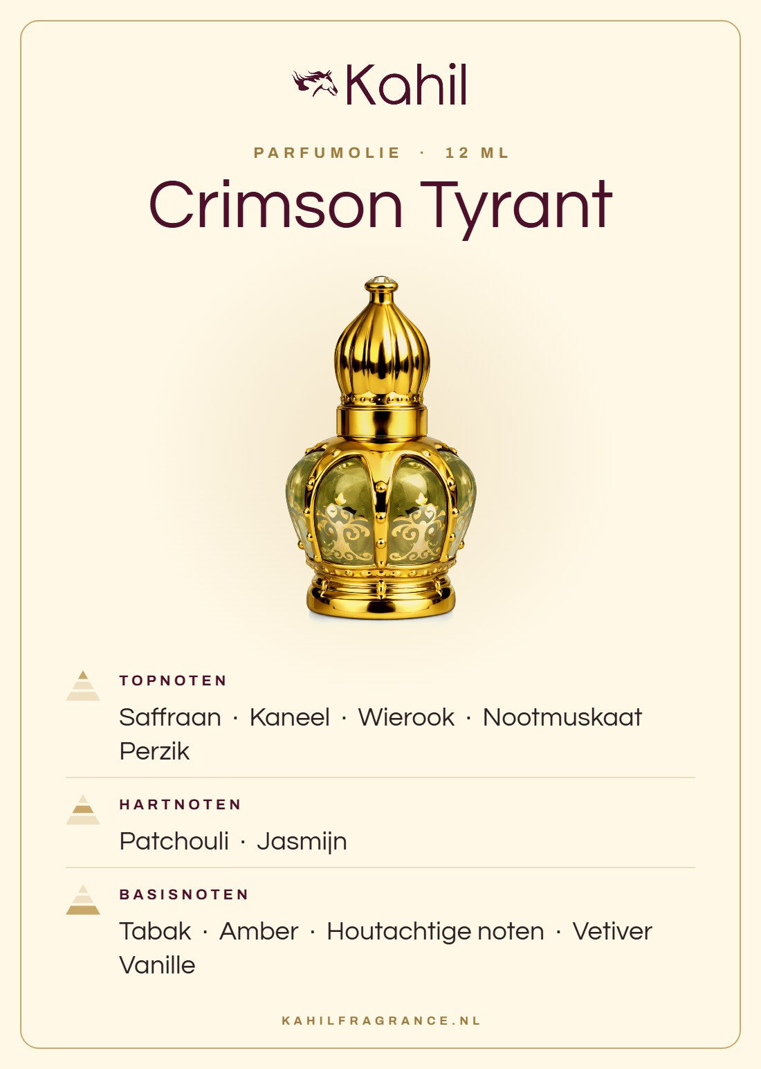 Duftnoten von Kahil Crimson Tyrant Parfümöl 12 ml: Kopfnoten Safran, Zimt, Weihrauch, Muskatnuss, Pfirsich; Herznoten Patchouli, Jasmin; Basisnoten Tabak, Amber, Holzige Noten, Vetiver, Vanille