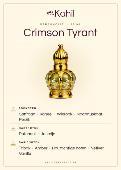 Duftnoten von Kahil Crimson Tyrant Parfümöl 12 ml: Kopfnoten Safran, Zimt, Weihrauch, Muskatnuss, Pfirsich; Herznoten Patchouli, Jasmin; Basisnoten Tabak, Amber, Holzige Noten, Vetiver, Vanille