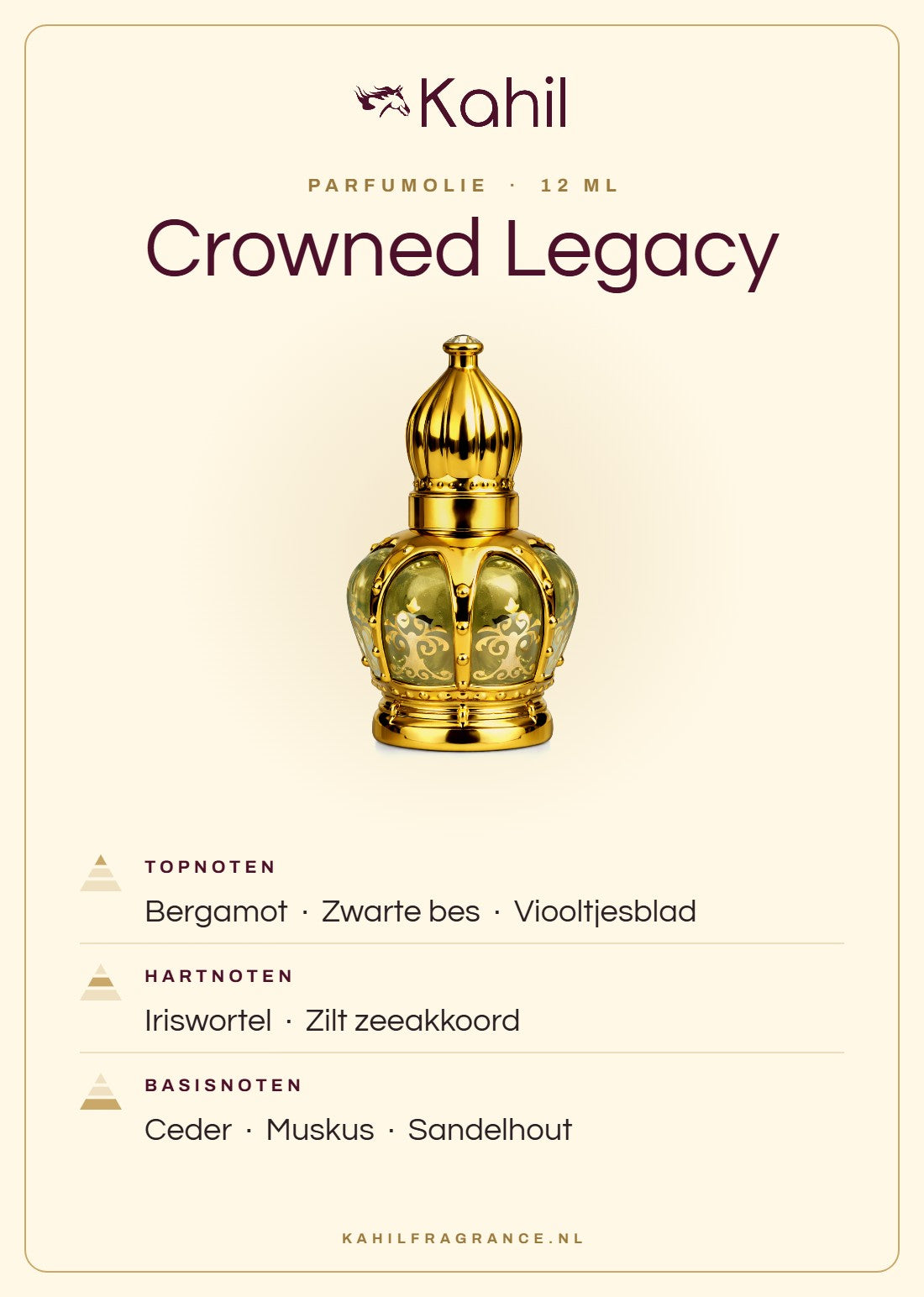 Geurnoten van Kahil Crowned Legacy parfumolie 12 ml: topnoten bergamot, zwarte bes, viooltjesblad; hartnoten iriswortel, zilt zeeakkoord; basisnoten ceder, muskus, sandelhout