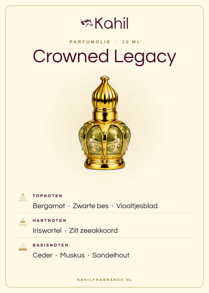 Geurnoten van Kahil Crowned Legacy parfumolie 12 ml: topnoten bergamot, zwarte bes, viooltjesblad; hartnoten iriswortel, zilt zeeakkoord; basisnoten ceder, muskus, sandelhout