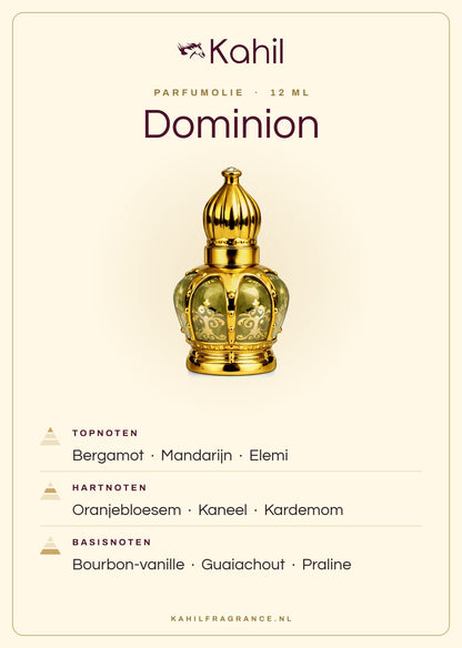 Duftnoten von Kahil Dominion Parfümöl 12 ml: Kopfnoten Bergamotte, Mandarine, Elemi; Herznoten Orangenblüte, Zimt, Kardamom; Basisnoten Bourbon-Vanille, Guajakholz, Praliné