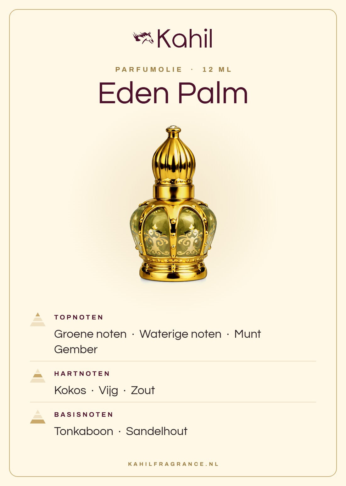 Fragrance notes of Kahil Eden Palm perfume oil 12 ml: top notes green notes, aquatic notes, mint, ginger; heart notes coconut, fig, salt; base notes tonka bean, sandalwood