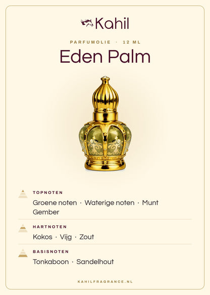 Fragrance notes of Kahil Eden Palm perfume oil 12 ml: top notes green notes, aquatic notes, mint, ginger; heart notes coconut, fig, salt; base notes tonka bean, sandalwood