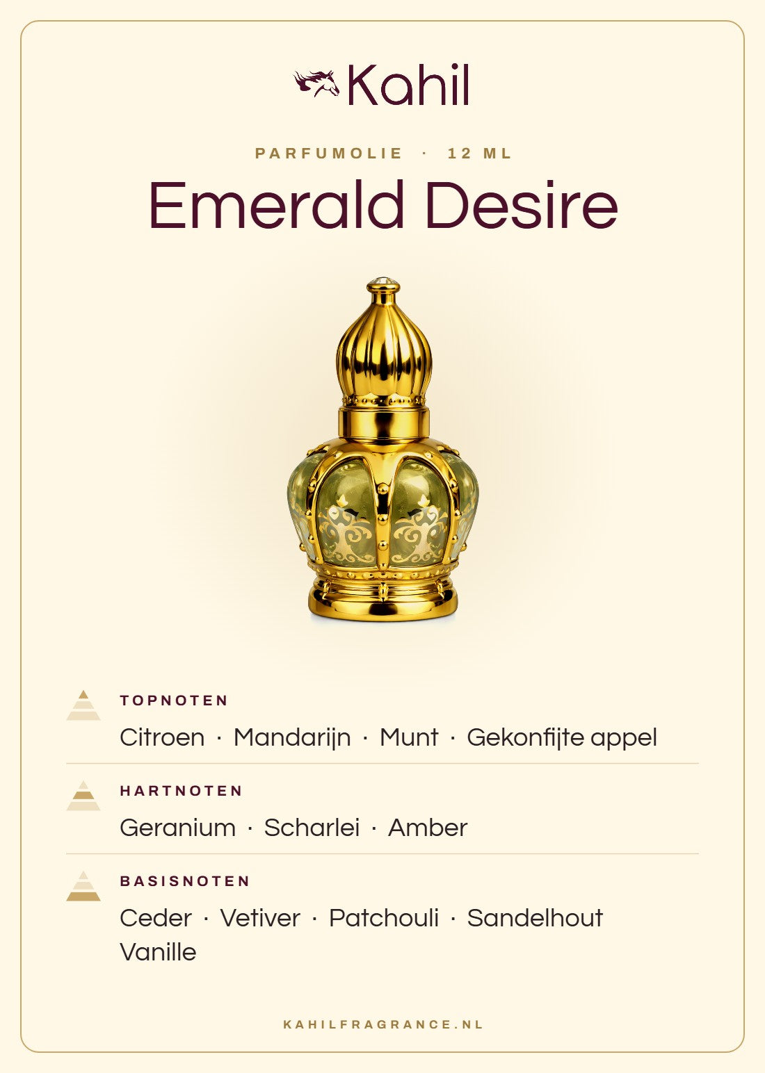 Fragrance notes of Kahil Emerald Desire perfume oil 12 ml: top notes lemon, mandarin, mint, candied apple; heart notes geranium, clary sage, amber; base notes cedar, vetiver, patchouli, sandalwood, vanilla