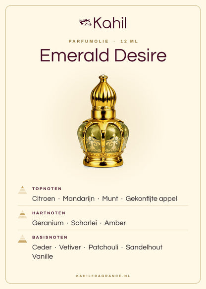Fragrance notes of Kahil Emerald Desire perfume oil 12 ml: top notes lemon, mandarin, mint, candied apple; heart notes geranium, clary sage, amber; base notes cedar, vetiver, patchouli, sandalwood, vanilla