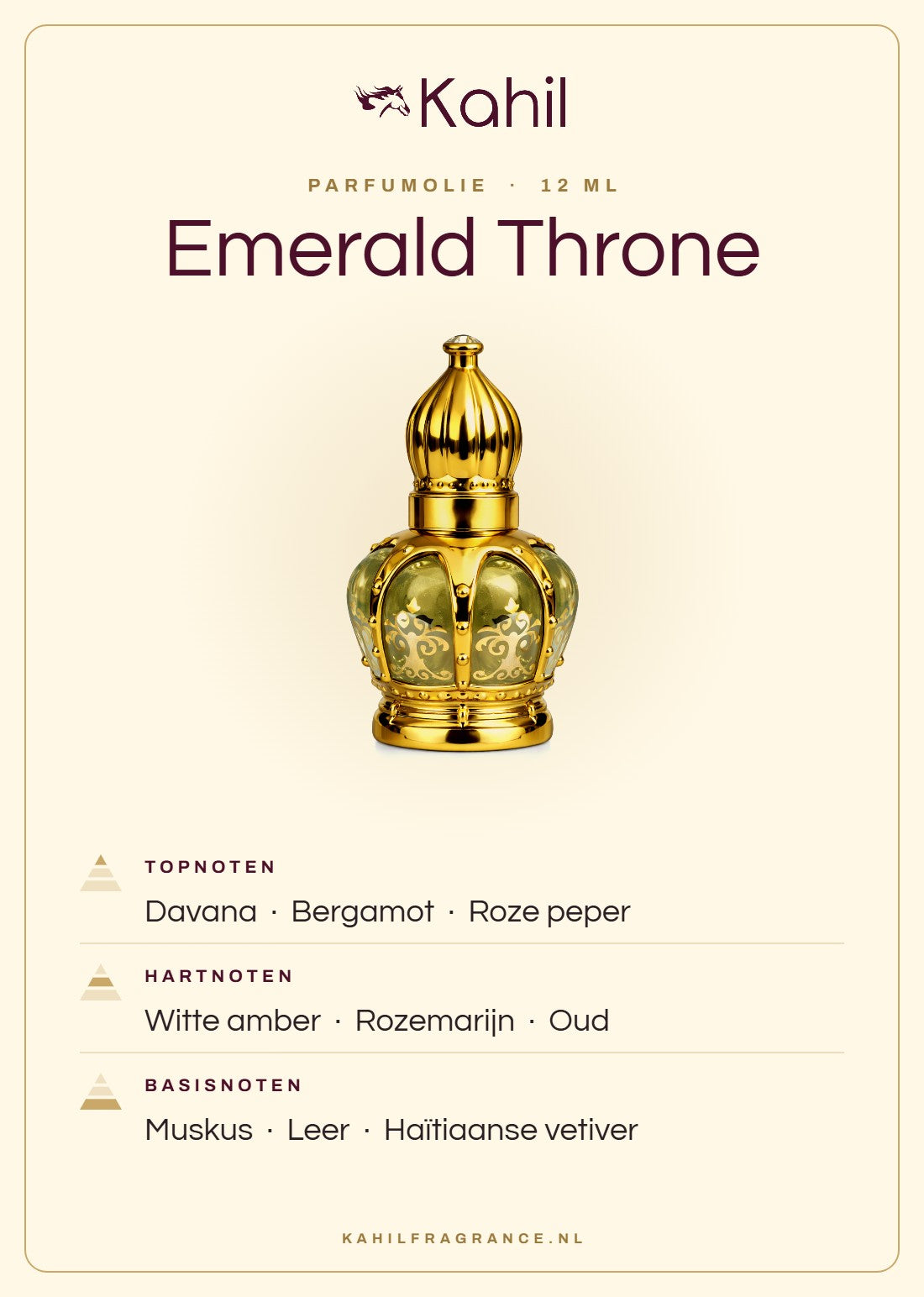 Duftnoten von Kahil Emerald Throne Parfümöl 12 ml: Kopfnoten Davana, Bergamotte, Rosa Pfeffer; Herznoten Weißer Amber, Rosmarin, Oud; Basisnoten Moschus, Leder, Haitianisches Vetiver