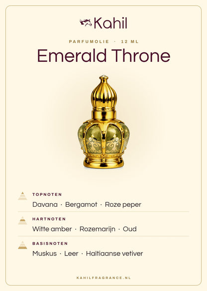 Duftnoten von Kahil Emerald Throne Parfümöl 12 ml: Kopfnoten Davana, Bergamotte, Rosa Pfeffer; Herznoten Weißer Amber, Rosmarin, Oud; Basisnoten Moschus, Leder, Haitianisches Vetiver