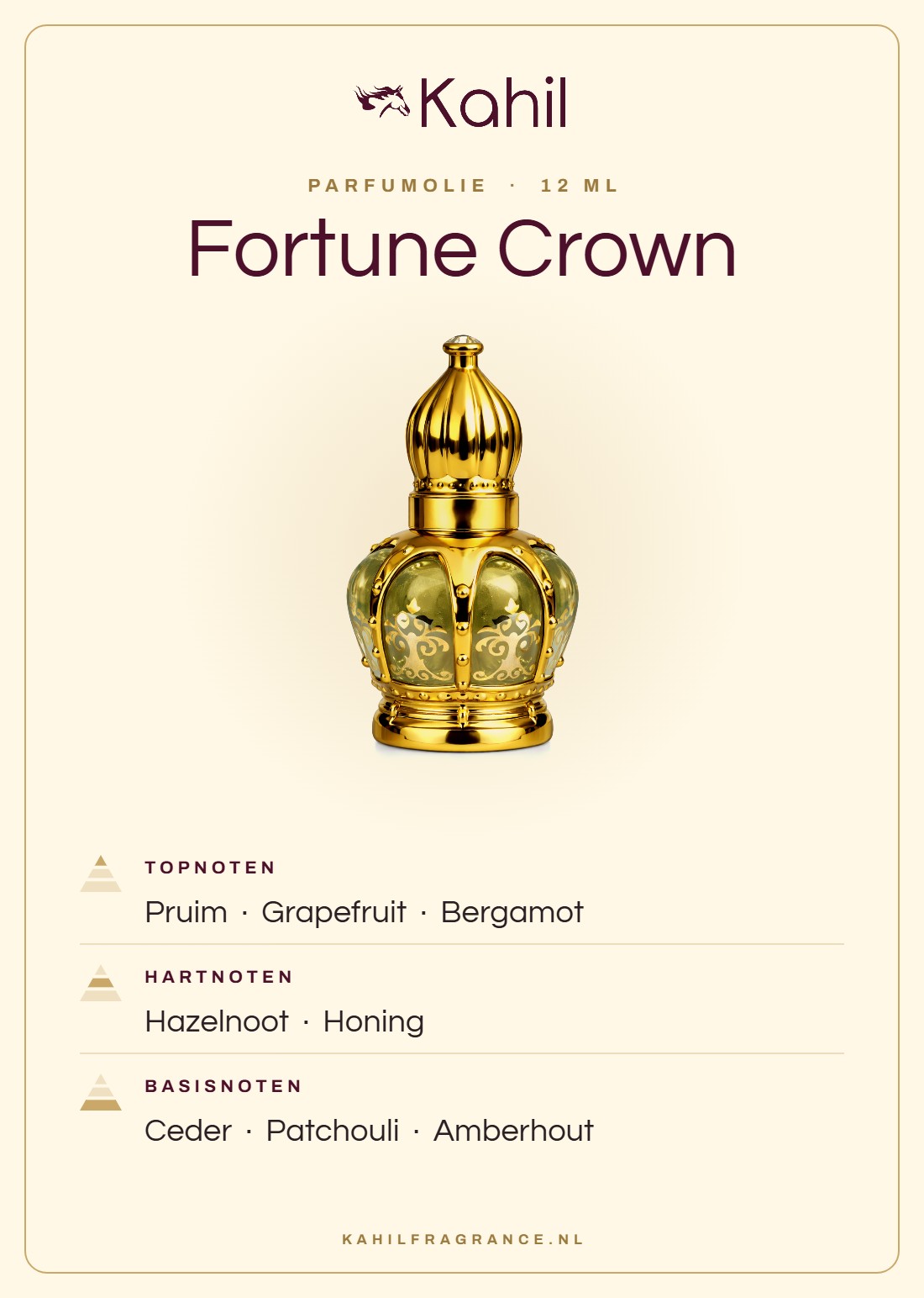 Fragrance notes of Kahil Fortune Crown perfume oil 12 ml: top notes plum, grapefruit, bergamot; heart notes hazelnut, honey; base notes cedar, patchouli, amberwood