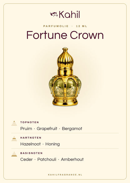 Fragrance notes of Kahil Fortune Crown perfume oil 12 ml: top notes plum, grapefruit, bergamot; heart notes hazelnut, honey; base notes cedar, patchouli, amberwood