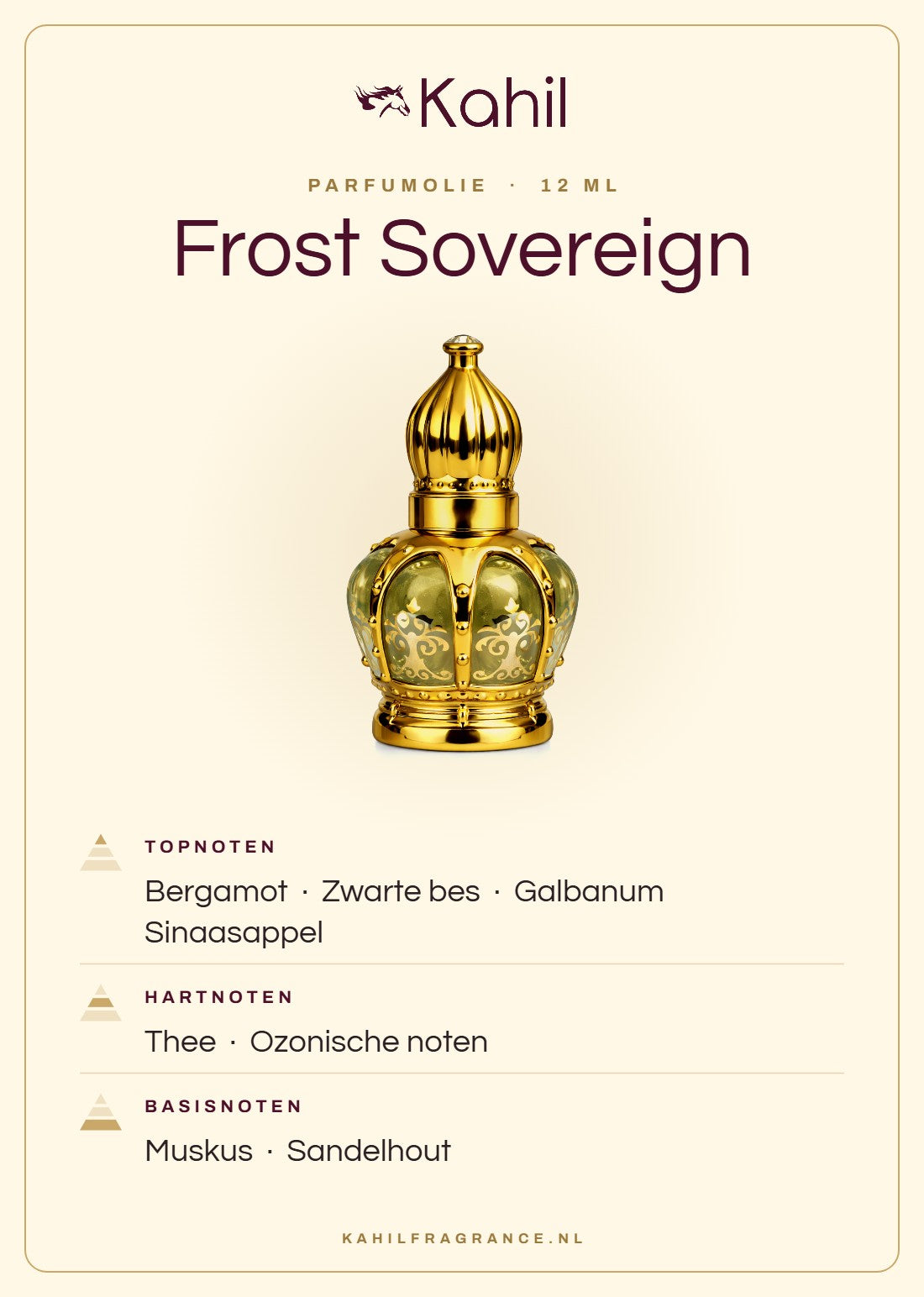 Duftnoten von Kahil Frost Sovereign Parfümöl 12 ml: Kopfnoten Bergamotte, Schwarze Johannisbeere, Galbanum, Orange; Herznoten Tee, Ozonische Noten; Basisnoten Moschus, Sandelholz