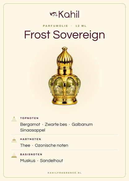 Duftnoten von Kahil Frost Sovereign Parfümöl 12 ml: Kopfnoten Bergamotte, Schwarze Johannisbeere, Galbanum, Orange; Herznoten Tee, Ozonische Noten; Basisnoten Moschus, Sandelholz