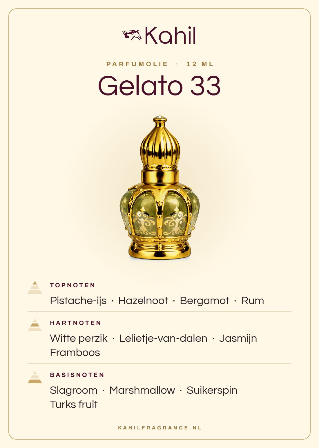 Duftnoten von Kahil Gelato 33 Parfümöl 12 ml: Kopfnoten Pistazieneis, Haselnuss, Bergamotte, Rum; Herznoten Weißer Pfirsich, Maiglöckchen, Jasmin, Himbeere; Basisnoten Schlagsahne, Marshmallow, Zuckerwatte, Lokum