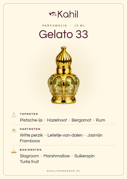 Duftnoten von Kahil Gelato 33 Parfümöl 12 ml: Kopfnoten Pistazieneis, Haselnuss, Bergamotte, Rum; Herznoten Weißer Pfirsich, Maiglöckchen, Jasmin, Himbeere; Basisnoten Schlagsahne, Marshmallow, Zuckerwatte, Lokum