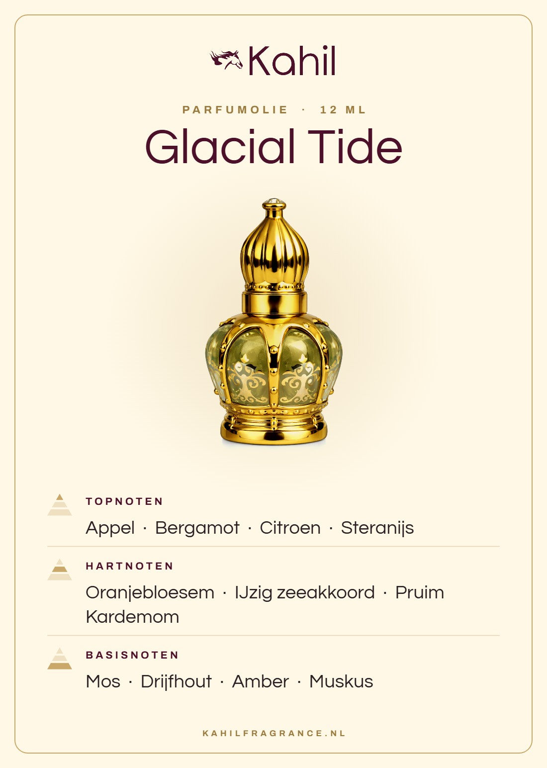 Fragrance notes of Kahil Glacial Tide perfume oil 12 ml: top notes apple, bergamot, lemon, star anise; heart notes orange blossom, iced marine accord, plum, cardamom; base notes moss, driftwood, amber, musk