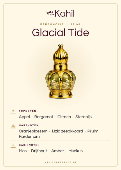 Fragrance notes of Kahil Glacial Tide perfume oil 12 ml: top notes apple, bergamot, lemon, star anise; heart notes orange blossom, iced marine accord, plum, cardamom; base notes moss, driftwood, amber, musk