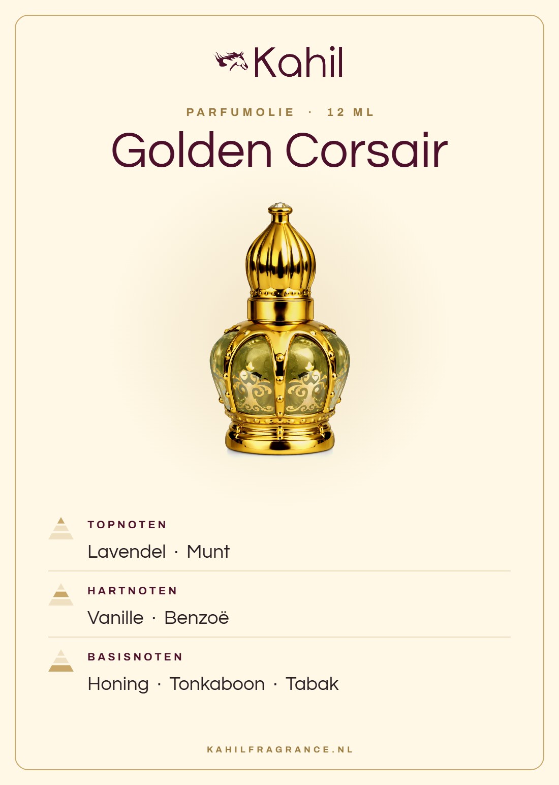 Duftnoten von Kahil Golden Corsair Parfümöl 12 ml: Kopfnoten Lavendel, Minze; Herznoten Vanille, Benzoe; Basisnoten Honig, Tonkabohne, Tabak