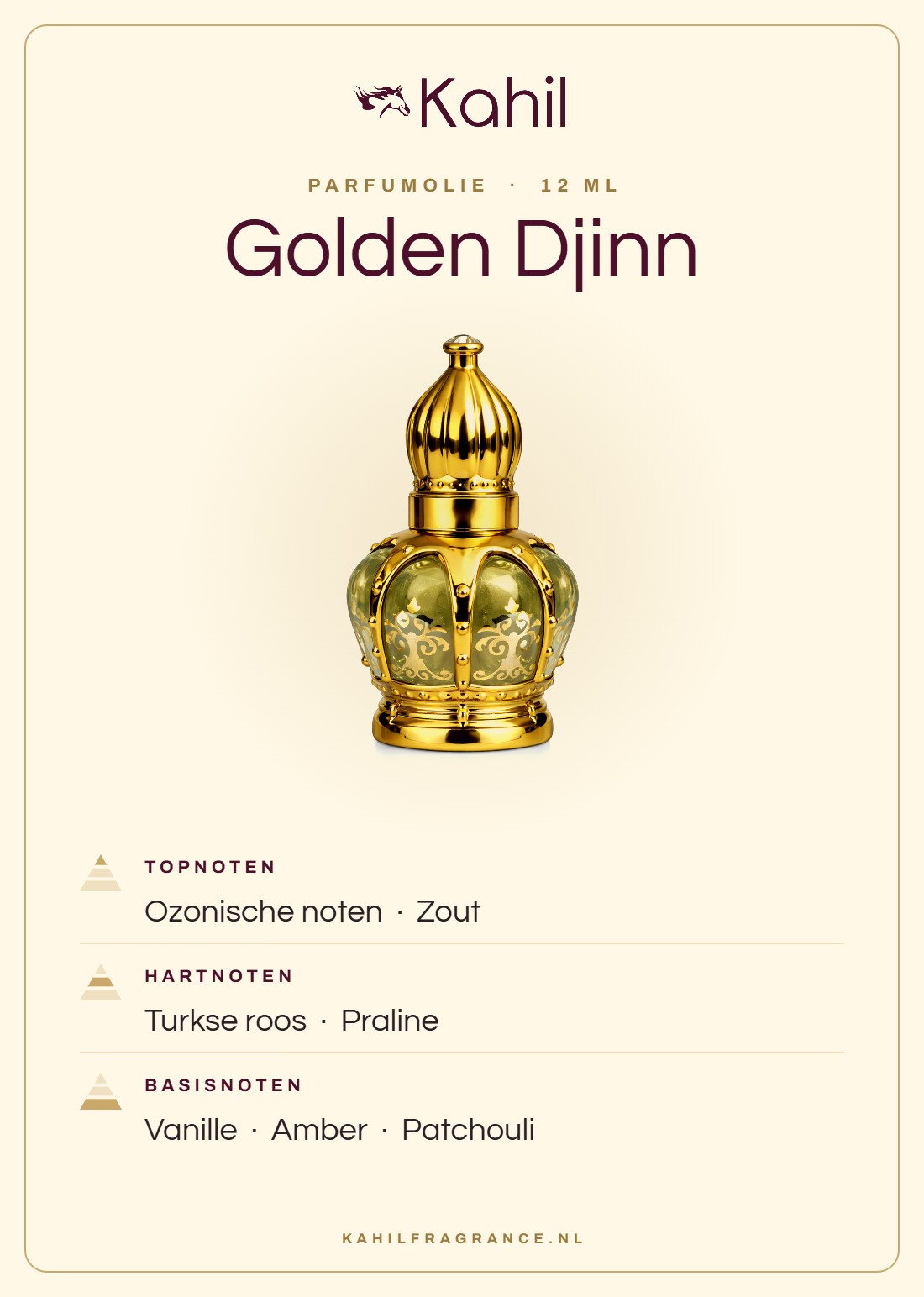 Duftnoten von Kahil Golden Djinn Parfümöl 12 ml: Kopfnoten Ozonische Noten, Salz; Herznoten Türkische Rose, Praliné; Basisnoten Vanille, Amber, Patchouli