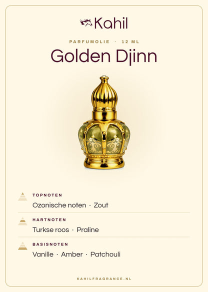 Duftnoten von Kahil Golden Djinn Parfümöl 12 ml: Kopfnoten Ozonische Noten, Salz; Herznoten Türkische Rose, Praliné; Basisnoten Vanille, Amber, Patchouli