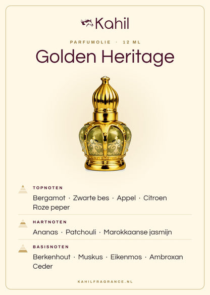 Duftnoten von Kahil Golden Heritage Parfümöl 12 ml: Kopfnoten Bergamotte, Schwarze Johannisbeere, Apfel, Zitrone, Rosa Pfeffer; Herznoten Ananas, Patchouli, Marokkanischer Jasmin; Basisnoten Birkenholz, Moschus, Eichenmoos, Ambroxan, Zeder