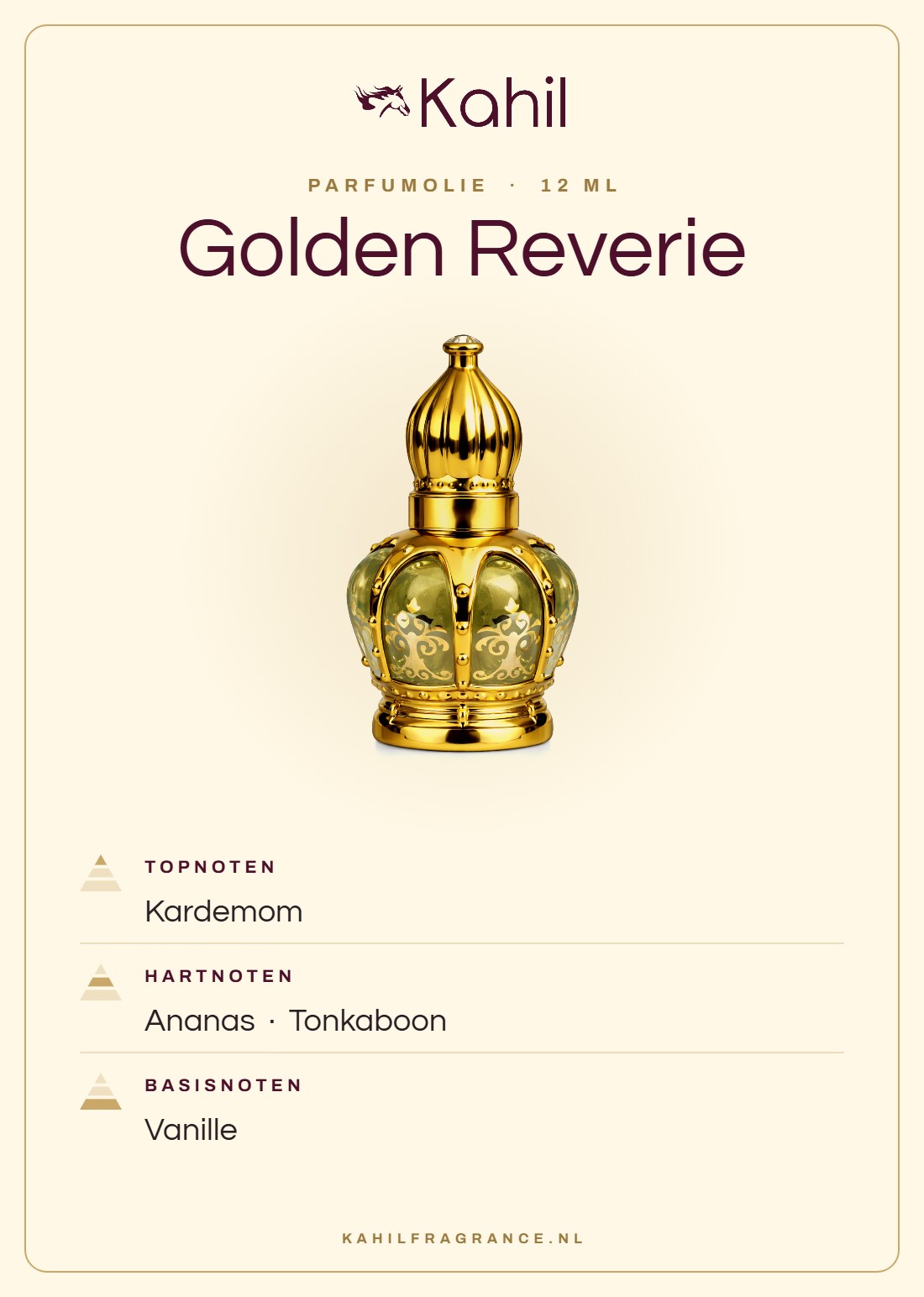 Fragrance notes of Kahil Golden Reverie perfume oil 12 ml: top notes cardamom; heart notes pineapple, tonka bean; base notes vanilla