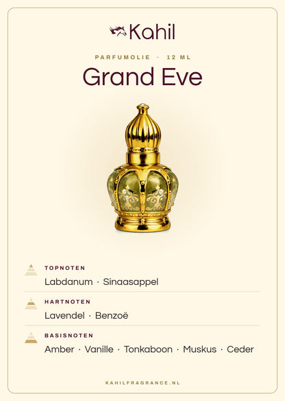 Duftnoten von Kahil Grand Eve Parfümöl 12 ml: Kopfnoten Labdanum, Orange; Herznoten Lavendel, Benzoe; Basisnoten Amber, Vanille, Tonkabohne, Moschus, Zeder