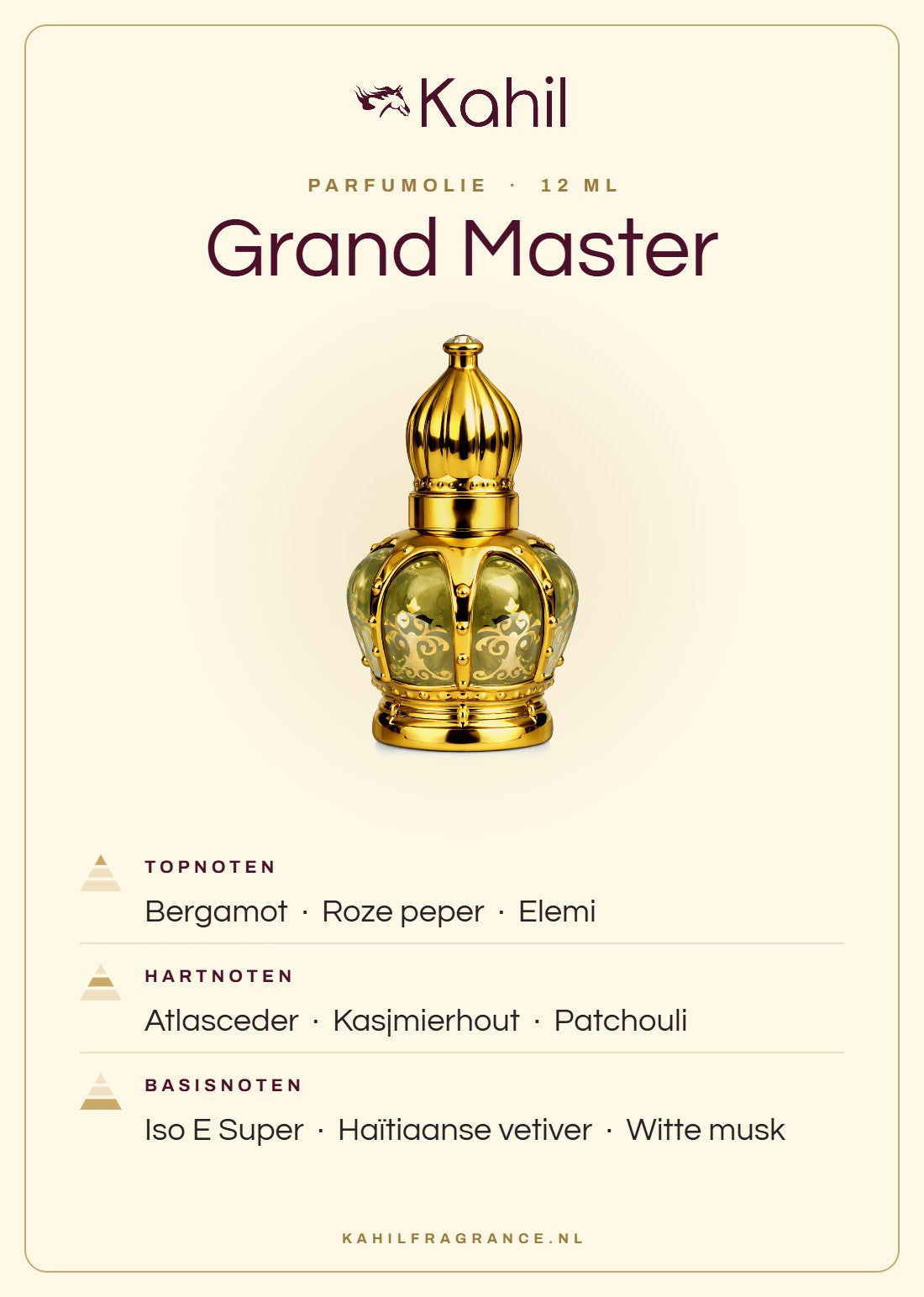 Duftnoten von Kahil Grand Master Parfümöl 12 ml: Kopfnoten Bergamotte, Rosa Pfeffer, Elemi; Herznoten Atlaszeder, Kaschmirholz, Patchouli; Basisnoten Iso E Super, Haitianisches Vetiver, Weißer Moschus