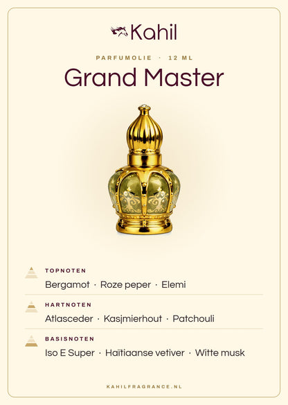 Duftnoten von Kahil Grand Master Parfümöl 12 ml: Kopfnoten Bergamotte, Rosa Pfeffer, Elemi; Herznoten Atlaszeder, Kaschmirholz, Patchouli; Basisnoten Iso E Super, Haitianisches Vetiver, Weißer Moschus
