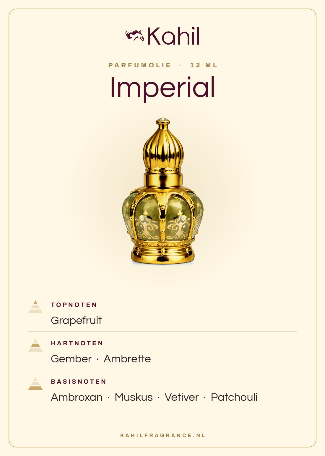 Duftnoten von Kahil Imperial Parfümöl 12 ml: Kopfnoten Grapefruit; Herznoten Ingwer, Ambrette; Basisnoten Ambroxan, Moschus, Vetiver, Patchouli