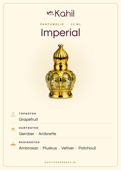 Duftnoten von Kahil Imperial Parfümöl 12 ml: Kopfnoten Grapefruit; Herznoten Ingwer, Ambrette; Basisnoten Ambroxan, Moschus, Vetiver, Patchouli