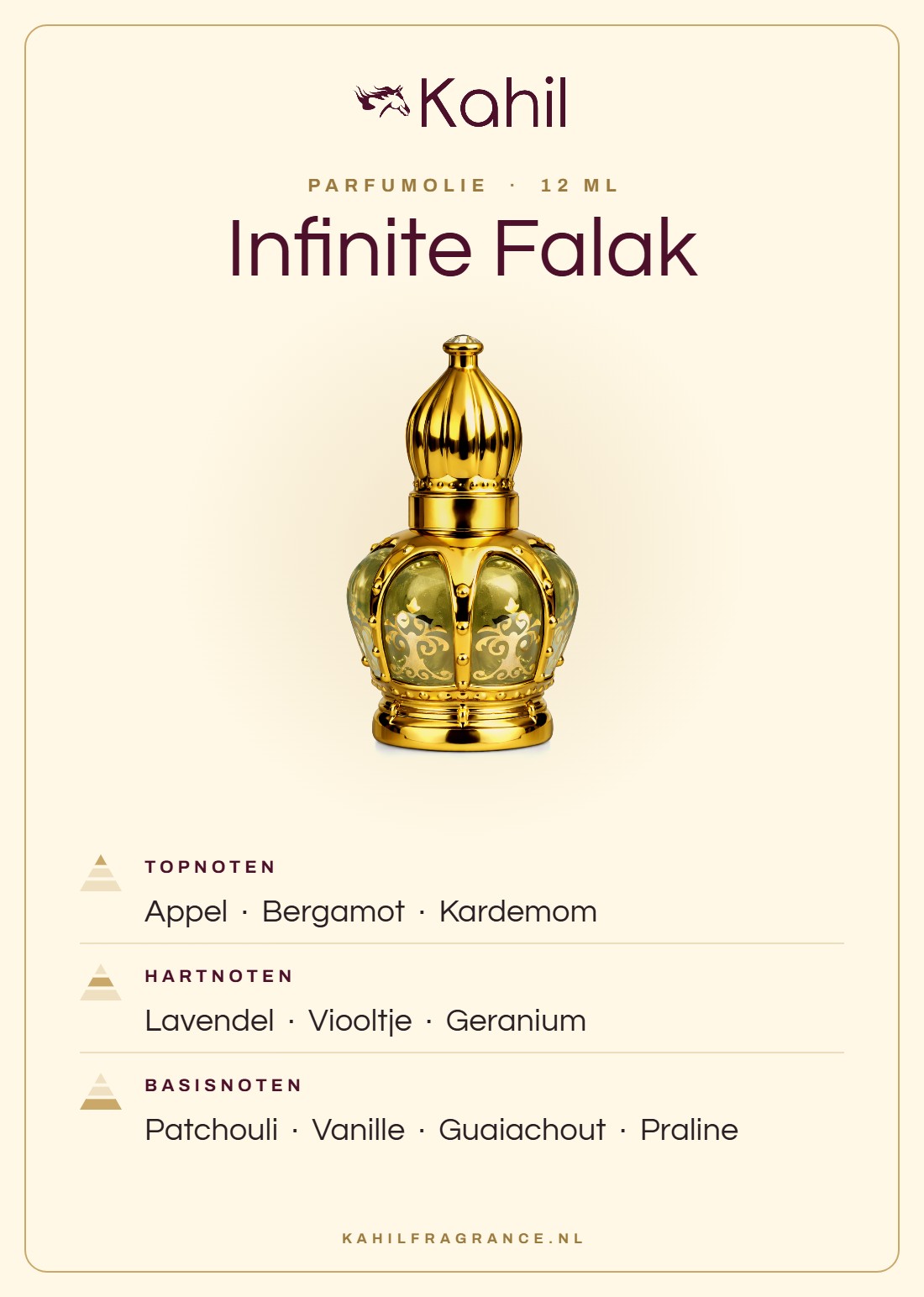 Duftnoten von Kahil Infinite Falak Parfümöl 12 ml: Kopfnoten Apfel, Bergamotte, Kardamom; Herznoten Lavendel, Veilchen, Geranie; Basisnoten Patchouli, Vanille, Guajakholz, Praliné
