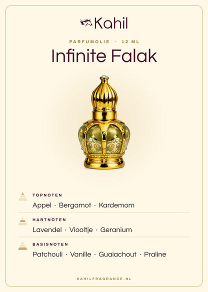 Duftnoten von Kahil Infinite Falak Parfümöl 12 ml: Kopfnoten Apfel, Bergamotte, Kardamom; Herznoten Lavendel, Veilchen, Geranie; Basisnoten Patchouli, Vanille, Guajakholz, Praliné