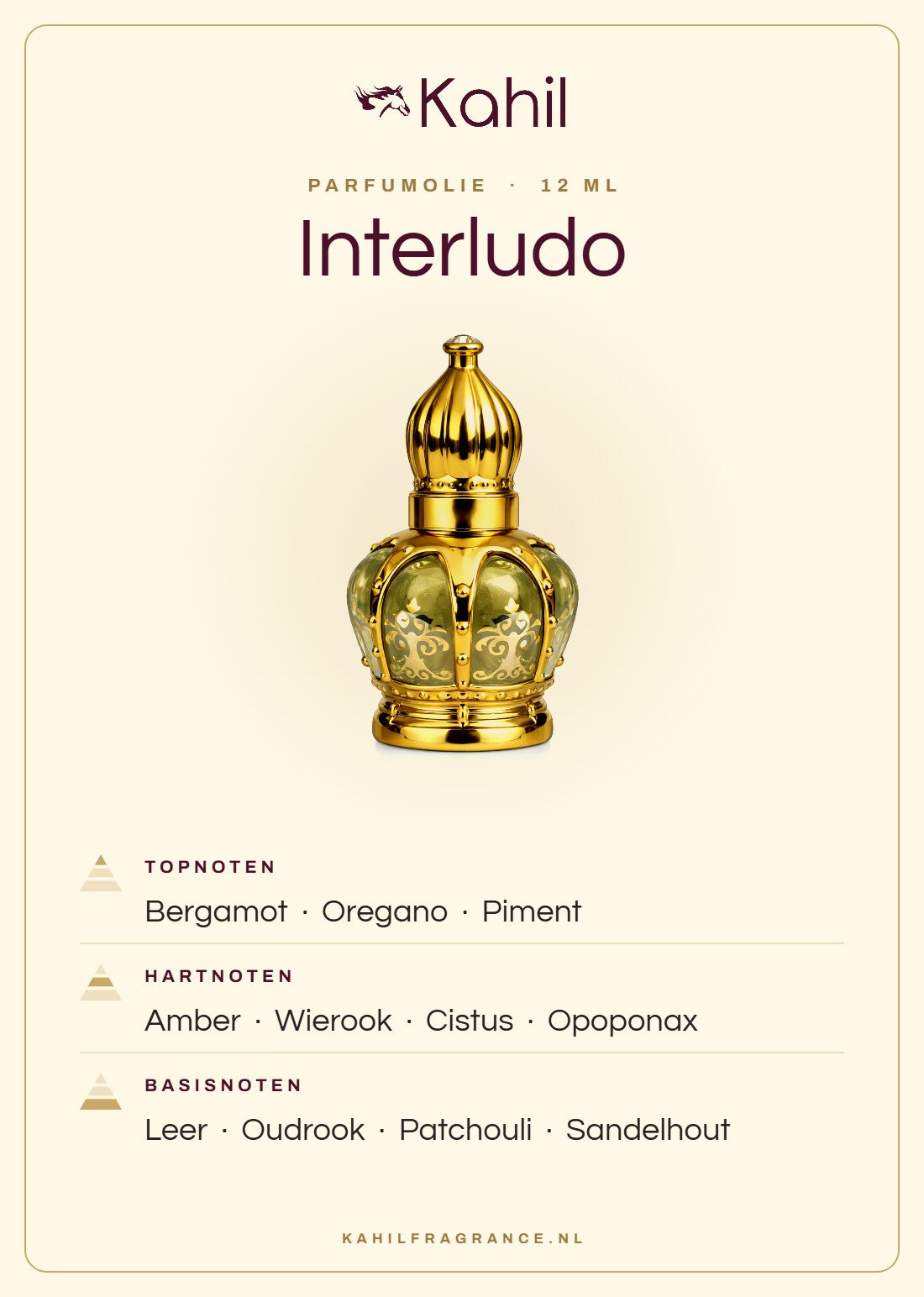 Duftnoten von Kahil Interludo Parfümöl 12 ml: Kopfnoten Bergamotte, Oregano, Piment; Herznoten Amber, Weihrauch, Zistrose, Opoponax; Basisnoten Leder, Oud-Rauch, Patchouli, Sandelholz