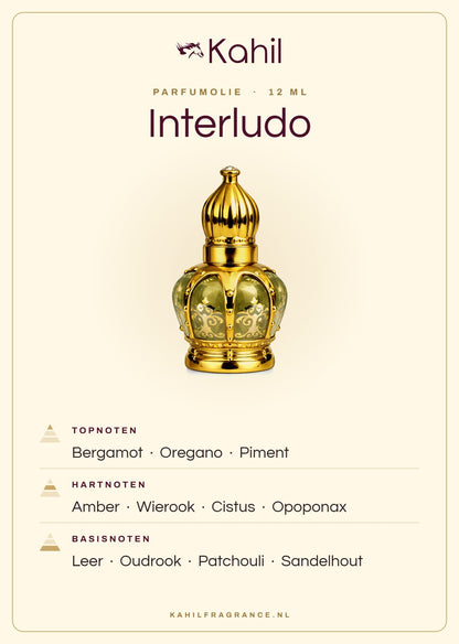 Duftnoten von Kahil Interludo Parfümöl 12 ml: Kopfnoten Bergamotte, Oregano, Piment; Herznoten Amber, Weihrauch, Zistrose, Opoponax; Basisnoten Leder, Oud-Rauch, Patchouli, Sandelholz