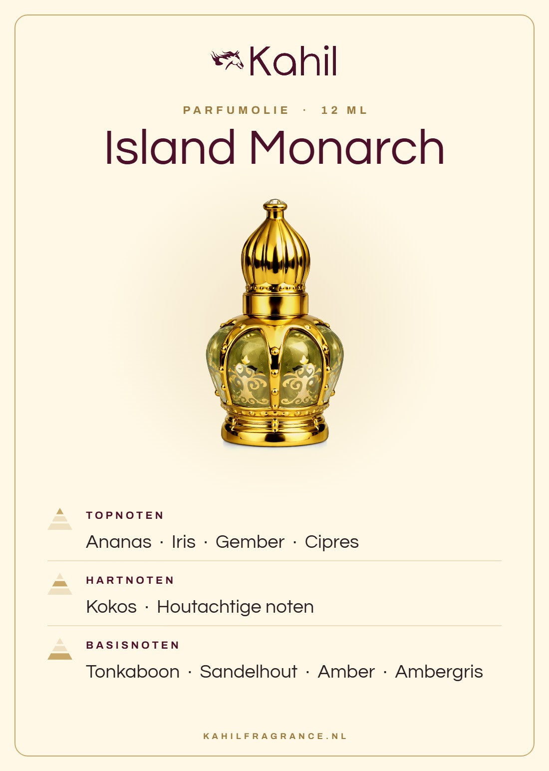 Geurnoten van Kahil Island Monarch parfumolie 12 ml: topnoten ananas, iris, gember, cipres; hartnoten kokos, houtachtige noten; basisnoten tonkaboon, sandelhout, amber, ambergris