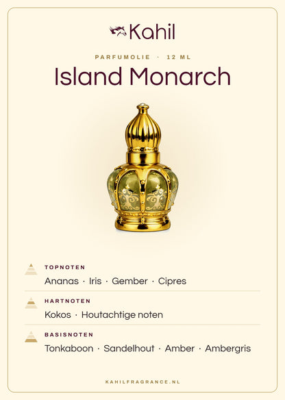 Geurnoten van Kahil Island Monarch parfumolie 12 ml: topnoten ananas, iris, gember, cipres; hartnoten kokos, houtachtige noten; basisnoten tonkaboon, sandelhout, amber, ambergris