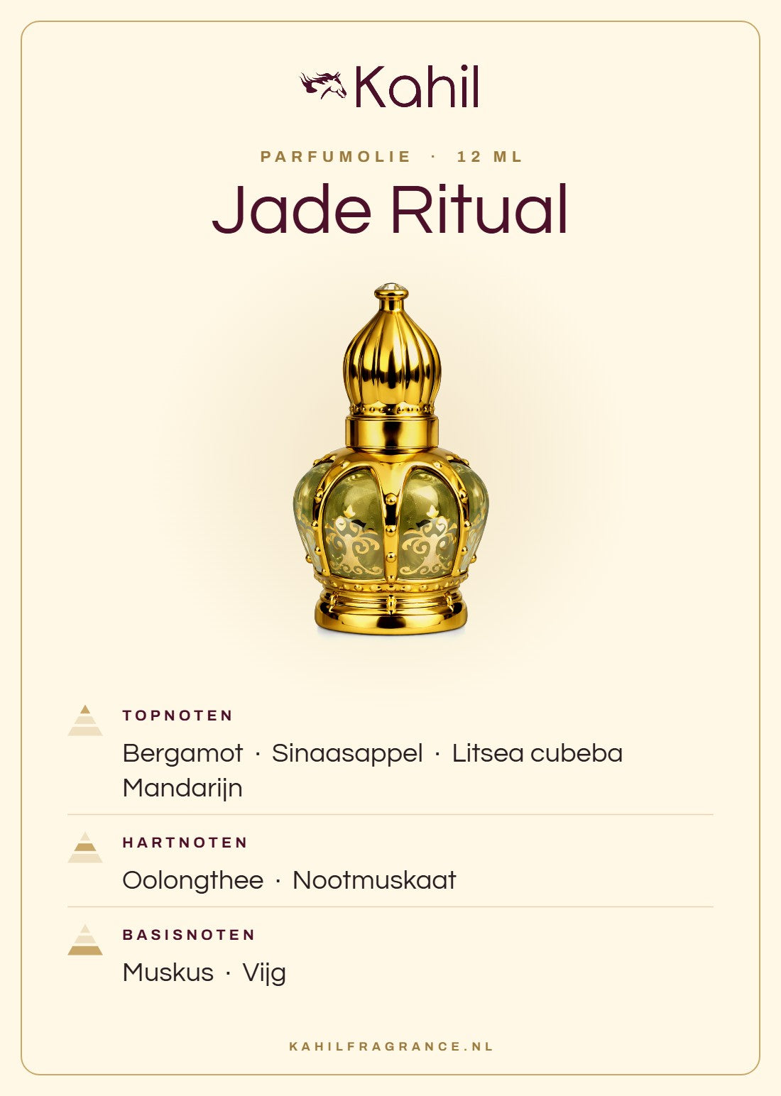 Duftnoten von Kahil Jade Ritual Parfümöl 12 ml: Kopfnoten Bergamotte, Orange, Litsea cubeba, Mandarine; Herznoten Oolong-Tee, Muskatnuss; Basisnoten Moschus, Feige
