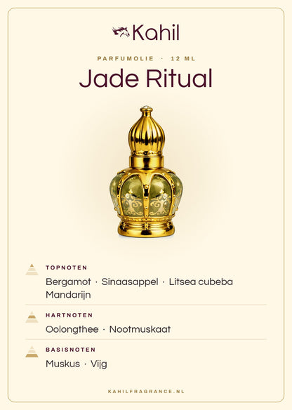 Duftnoten von Kahil Jade Ritual Parfümöl 12 ml: Kopfnoten Bergamotte, Orange, Litsea cubeba, Mandarine; Herznoten Oolong-Tee, Muskatnuss; Basisnoten Moschus, Feige