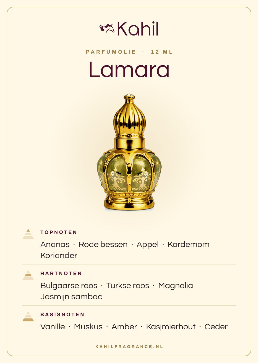 Duftnoten von Kahil Lamara Parfümöl 12 ml: Kopfnoten Ananas, Rote Beeren, Apfel, Kardamom, Koriander; Herznoten Bulgarische Rose, Türkische Rose, Magnolie, Sambac-Jasmin; Basisnoten Vanille, Moschus, Amber, Kaschmirholz, Zeder