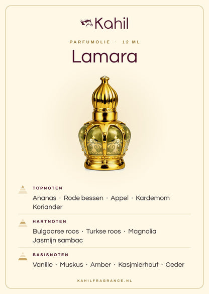 Duftnoten von Kahil Lamara Parfümöl 12 ml: Kopfnoten Ananas, Rote Beeren, Apfel, Kardamom, Koriander; Herznoten Bulgarische Rose, Türkische Rose, Magnolie, Sambac-Jasmin; Basisnoten Vanille, Moschus, Amber, Kaschmirholz, Zeder