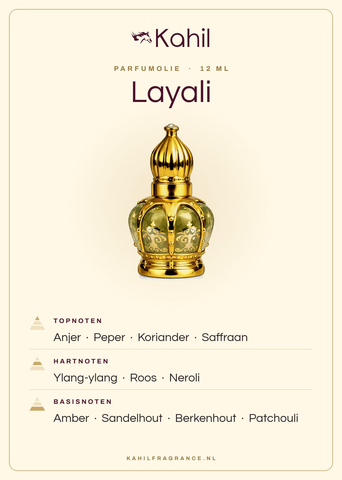 Duftnoten von Kahil Layali Parfümöl 12 ml: Kopfnoten Nelke, Pfeffer, Koriander, Safran; Herznoten Ylang-Ylang, Rose, Neroli; Basisnoten Amber, Sandelholz, Birkenholz, Patchouli