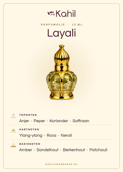 Duftnoten von Kahil Layali Parfümöl 12 ml: Kopfnoten Nelke, Pfeffer, Koriander, Safran; Herznoten Ylang-Ylang, Rose, Neroli; Basisnoten Amber, Sandelholz, Birkenholz, Patchouli