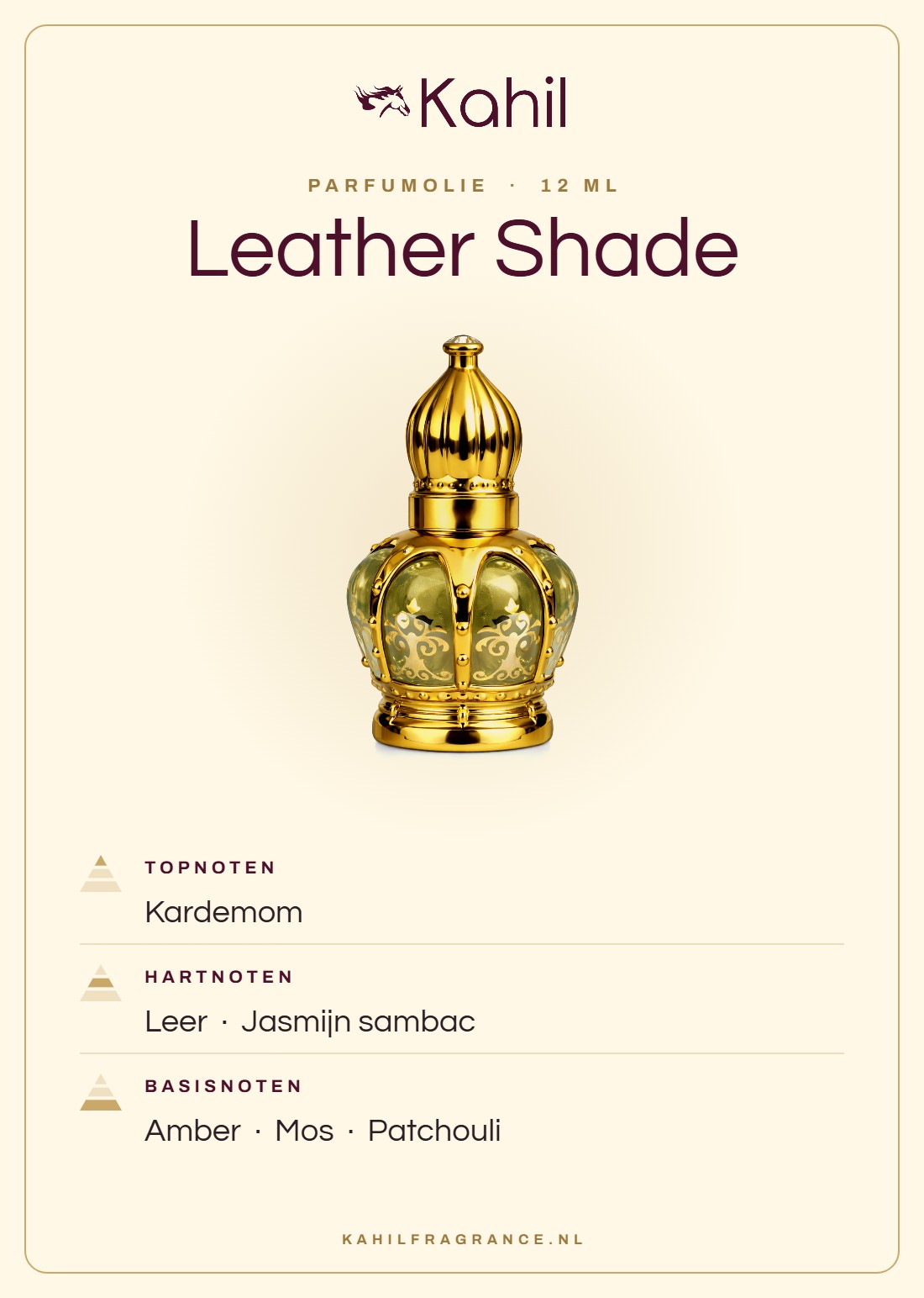 Duftnoten von Kahil Leather Shade Parfümöl 12 ml: Kopfnoten Kardamom; Herznoten Leder, Sambac-Jasmin; Basisnoten Amber, Moos, Patchouli