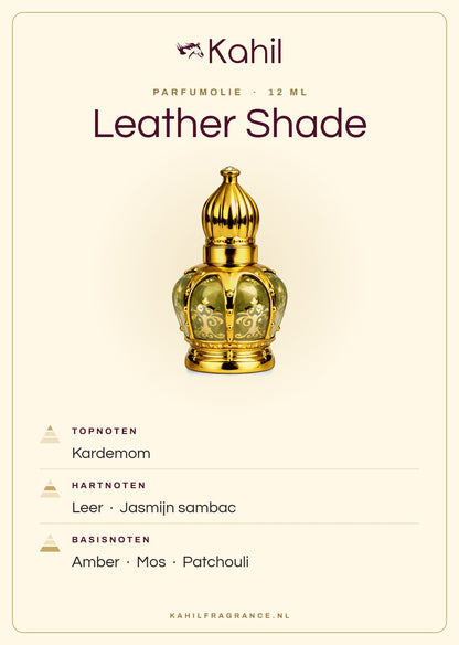 Duftnoten von Kahil Leather Shade Parfümöl 12 ml: Kopfnoten Kardamom; Herznoten Leder, Sambac-Jasmin; Basisnoten Amber, Moos, Patchouli