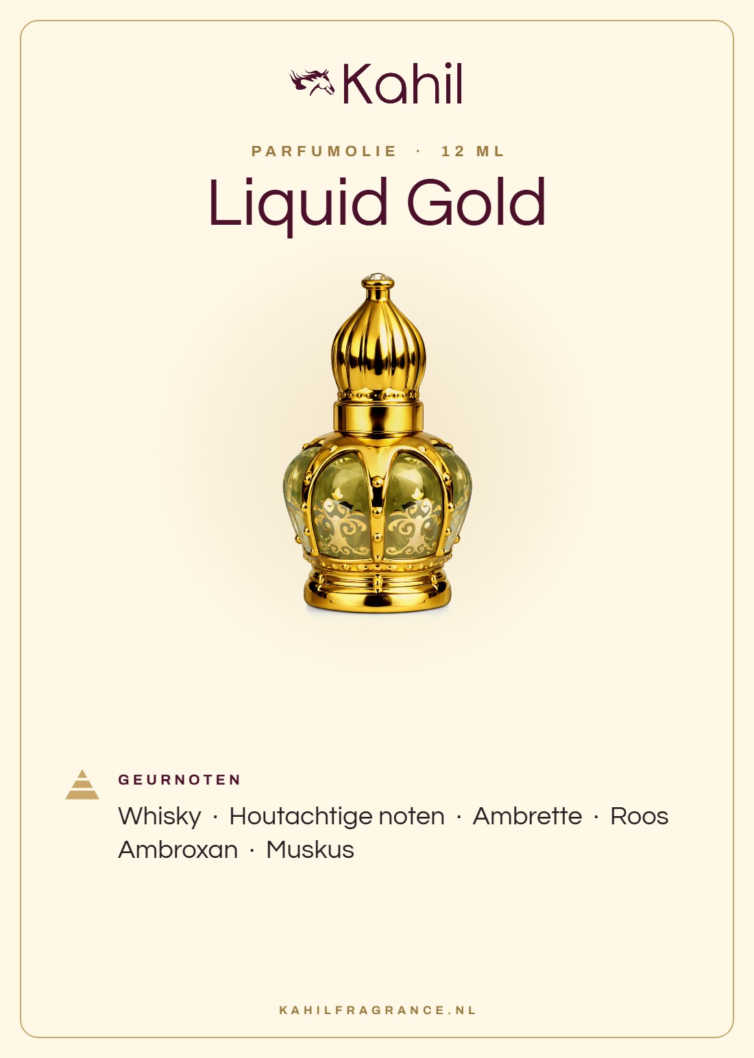 Fragrance notes of Kahil Liquid Gold perfume oil 12 ml: whiskey, woody notes, ambrette, rose, ambroxan, musk