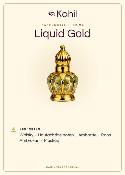 Fragrance notes of Kahil Liquid Gold perfume oil 12 ml: whiskey, woody notes, ambrette, rose, ambroxan, musk