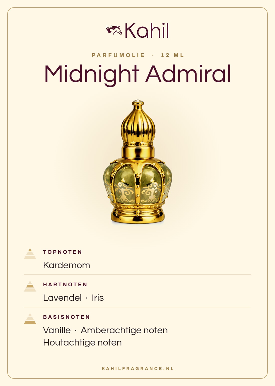 Fragrance notes of Kahil Midnight Admiral perfume oil 12 ml: top notes cardamom; heart notes lavender, iris; base notes vanilla, amber notes, woody notes